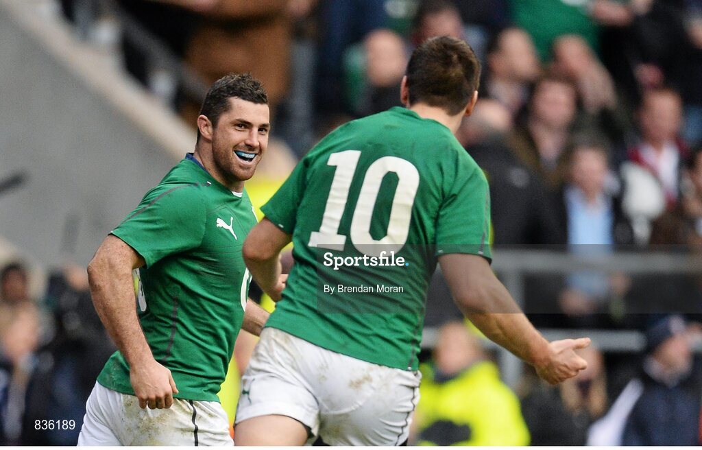 22 February 2014; Ireland's Rob Kearney, left, celebrates scoring his side's first try with team-mate Jonathan Sexton. RBS Six Nations Rugby Championship, England v Ireland. Twickenham Stadium, Twickenham, London, England. Picture credit: Brendan Moran / SPORTSFILE