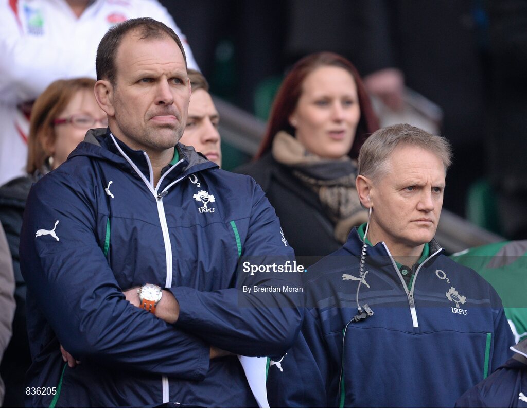 22 February 2014; Ireland head coach Joe Schmidt, right, and forwards coach John Plumtree look on during the game. RBS Six Nations Rugby Championship, England v Ireland. Twickenham Stadium, Twickenham, London, England. Picture credit: Brendan Moran / SPORTSFILE