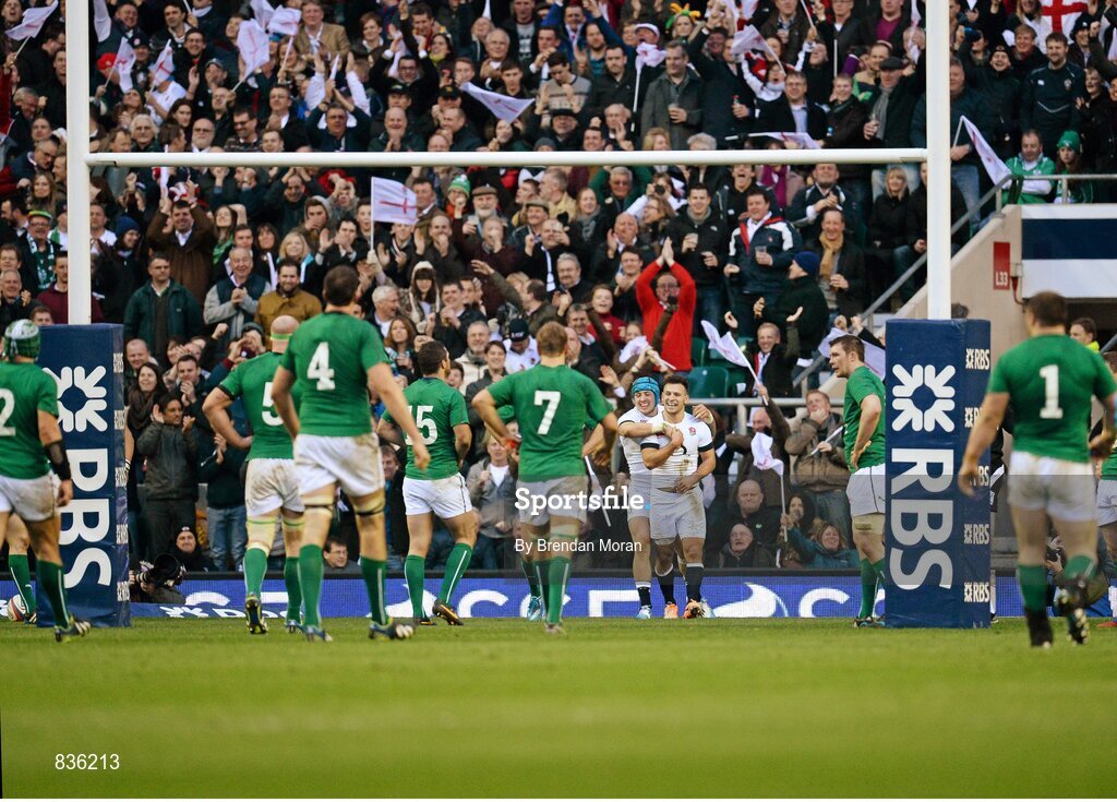 22 February 2014; England's Danny Care celebrates scoring his side's first try as the Ireland players make their way into position for the conversion. RBS Six Nations Rugby Championship, England v Ireland. Twickenham Stadium, Twickenham, London, England. Picture credit: Brendan Moran / SPORTSFILE
