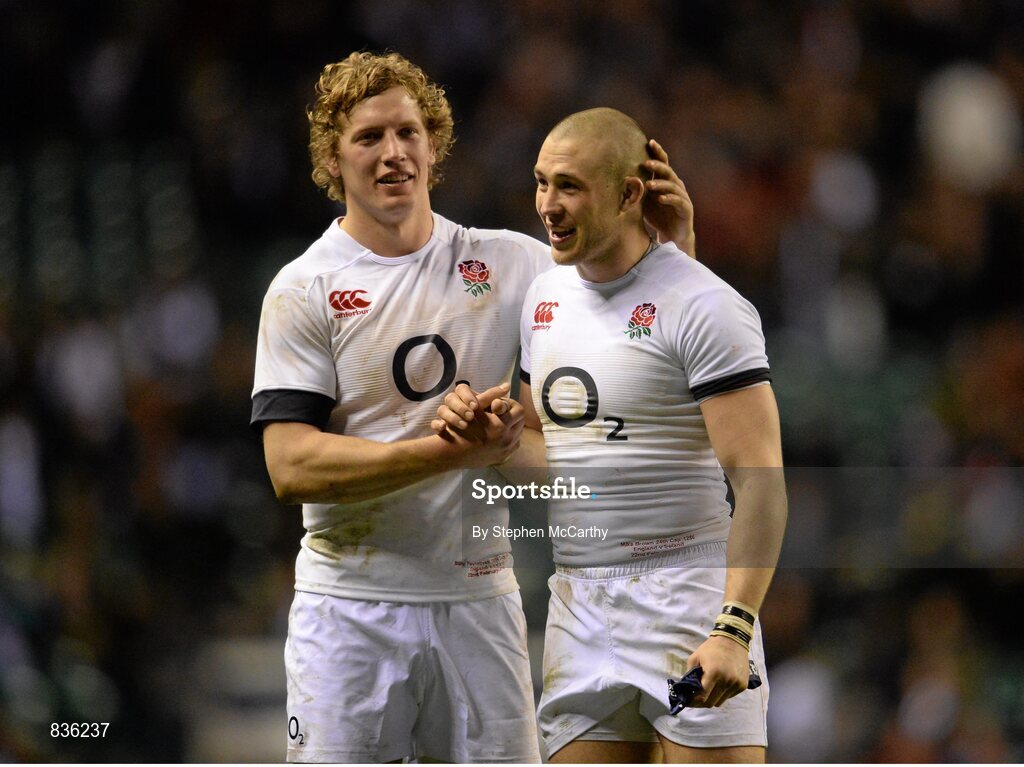 22 February 2014; Mike Brown, right, and Billy Twelvetrees, England, following their victory. RBS Six Nations Rugby Championship, England v Ireland, Twickenham Stadium, Twickenham, London, England. Picture credit: Stephen McCarthy / SPORTSFILE