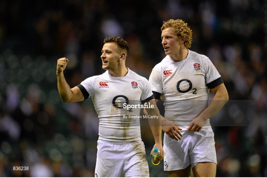 22 February 2014; Danny Care, left, and Billy Twelvetrees, England, following their victory. RBS Six Nations Rugby Championship, England v Ireland, Twickenham Stadium, Twickenham, London, England. Picture credit: Stephen McCarthy / SPORTSFILE