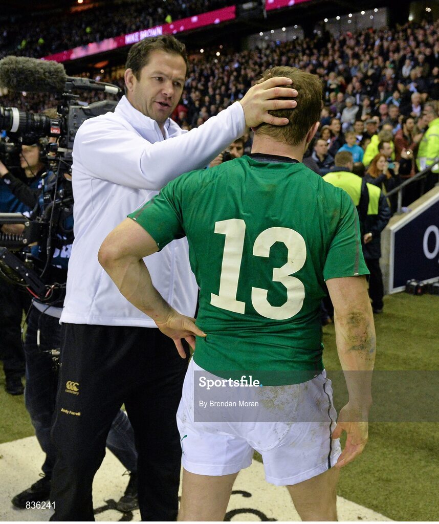 22 February 2014; Brian O'Driscoll, Ireland, is consoled by England defence coach Andy Farrell after the game. RBS Six Nations Rugby Championship, England v Ireland. Twickenham Stadium, Twickenham, London, England. Picture credit: Brendan Moran / SPORTSFILE