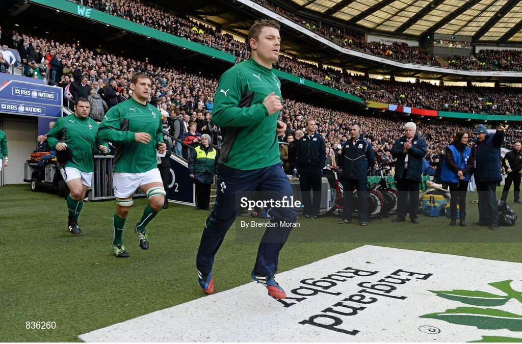 22 February 2014; Brian O'Driscoll, Ireland, runs out to earn his 139th cap, equalling the world-record achievement of Australia's George Gregan. RBS Six Nations Rugby Championship, England v Ireland. Twickenham Stadium, Twickenham, London, England. Picture credit: Brendan Moran / SPORTSFILE