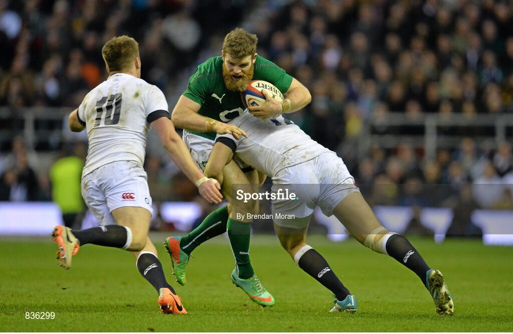 22 February 2014; Gordon D'Arcy, Ireland, is tackled by Billy Twelvetrees, England. RBS Six Nations Rugby Championship, England v Ireland. Twickenham Stadium, Twickenham, London, England. Picture credit: Brendan Moran / SPORTSFILE