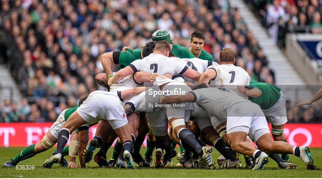22 February 2014; The England pack force a scrum penalty against Ireland. RBS Six Nations Rugby Championship, England v Ireland. Twickenham Stadium, Twickenham, London, England. Picture credit: Brendan Moran / SPORTSFILE