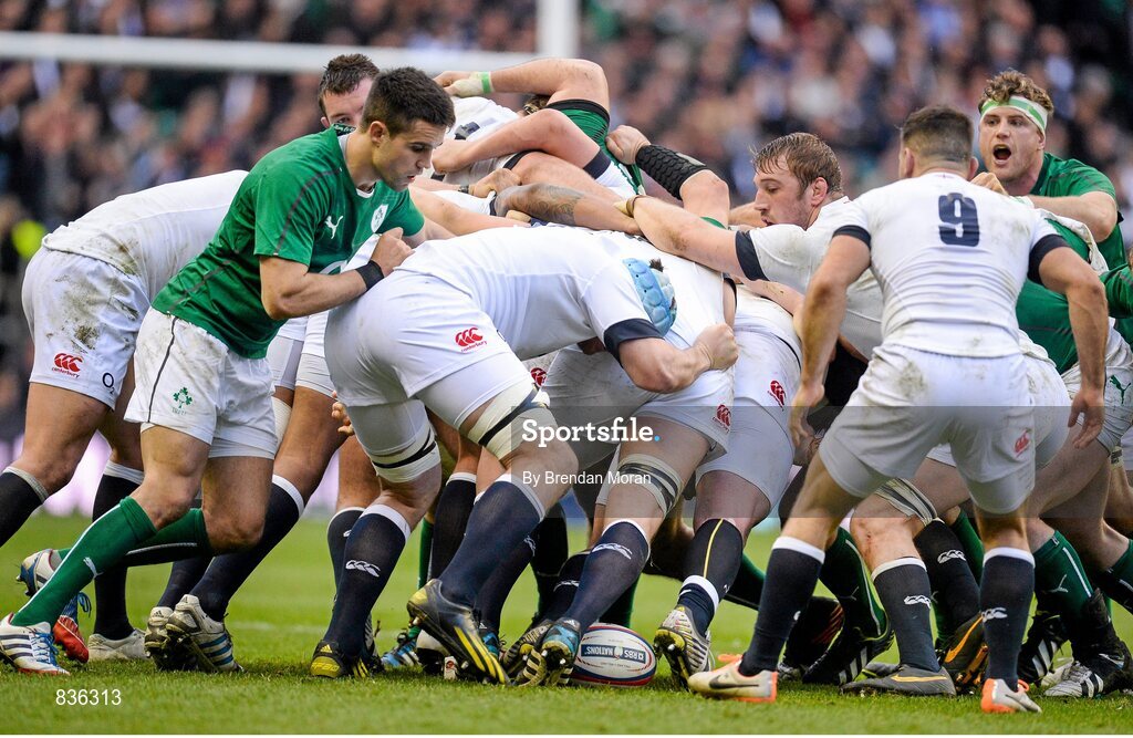 22 February 2014; The Ireland and England packs attempt to gain possession during a scrum. RBS Six Nations Rugby Championship, England v Ireland. Twickenham Stadium, Twickenham, London, England. Picture credit: Brendan Moran / SPORTSFILE