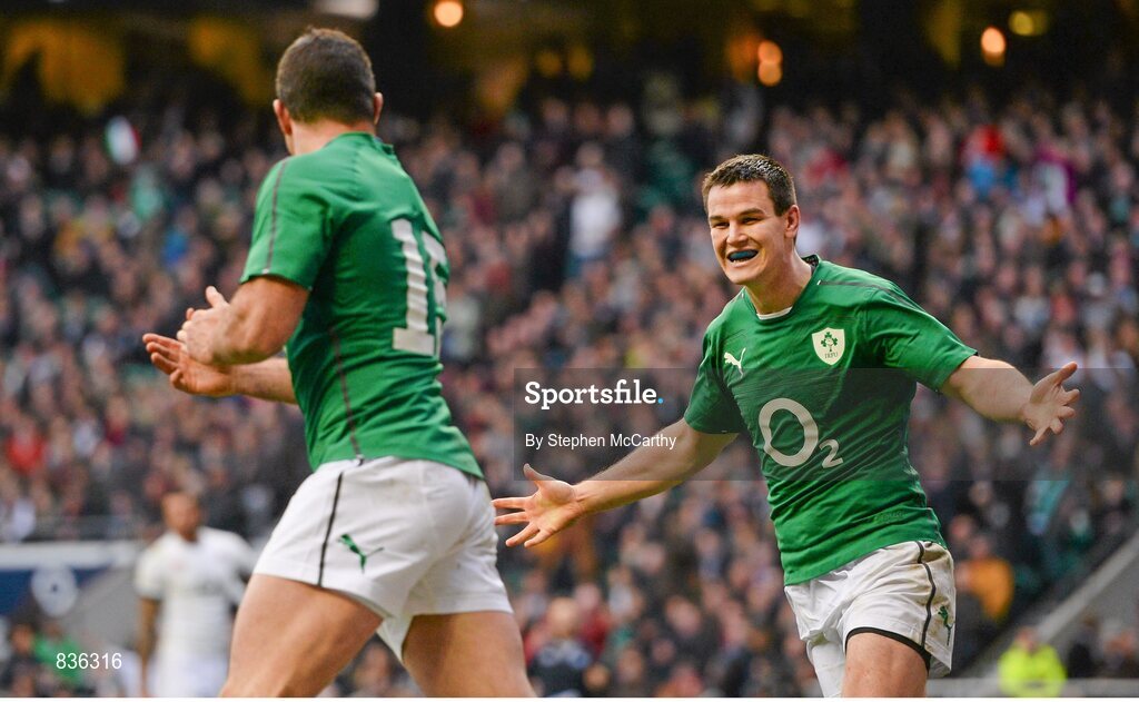 22 February 2014; Ireland's Jonathan Sexton, right, celebrates with team-mate Rob Kearney after scoring his side's try. RBS Six Nations Rugby Championship, England v Ireland, Twickenham Stadium, Twickenham, London, England. Picture credit: Stephen McCarthy / SPORTSFILE