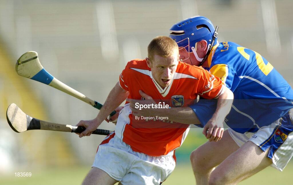 16 July 2005; Ned McCann, Armagh, in action against Martin Coyle, Armagh. Nicky Rackard Cup, Group C Quarter-Final Play Off, Longford v Armagh, Kingspan Breffni Park, Cavan. Picture credit; Damien Eagers / SPORTSFILE