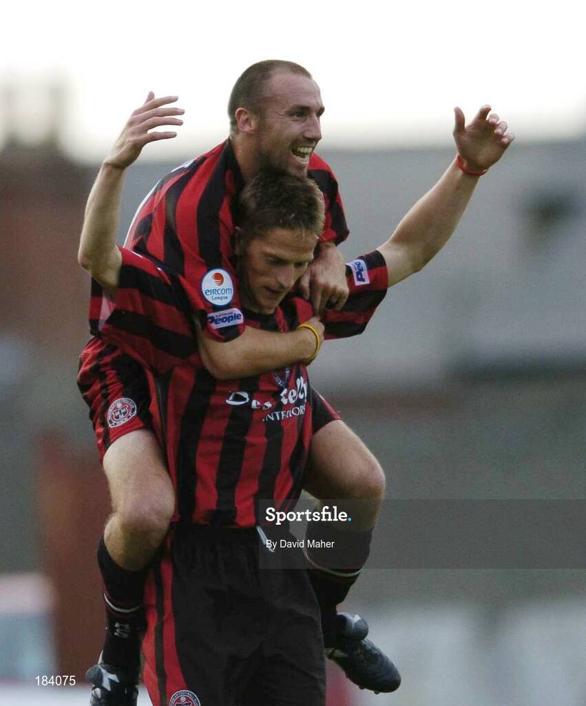 22 July 2005; Dominic Foley, Bohemians, carries team-mate Tony Grant as they celebrate his first goal. eircom League, Premier Division, Bohemians v Drogheda United, Dalymount Park, Dublin. Picture credit; David Maher / SPORTSFILE