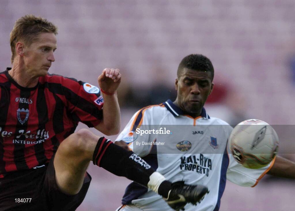 22 July 2005; Dominic Foley, Bohemians, is tackled by Jermaine Sandvliet, Drogheda United. eircom League, Premier Division, Bohemians v Drogheda United, Dalymount Park, Dublin. Picture credit; David Maher / SPORTSFILE