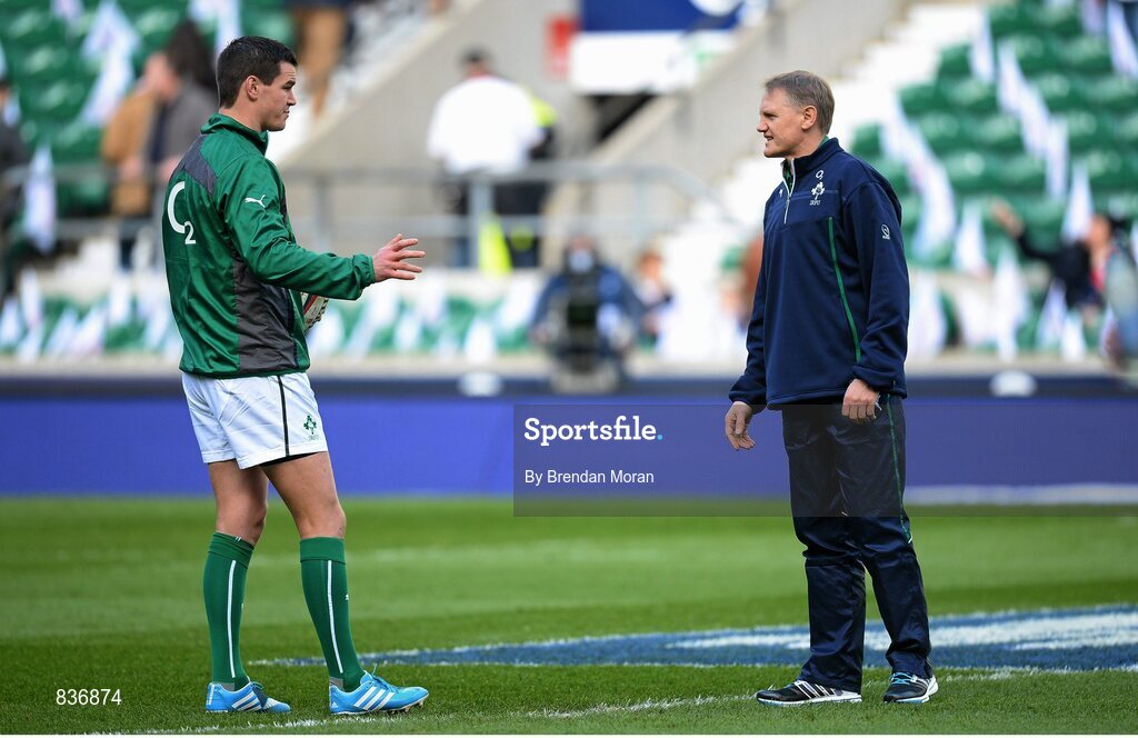 22 February 2014; Ireland's Jonathan Sexton in conversation with head coach Joe Schmidt before the game. RBS Six Nations Rugby Championship, England v Ireland. Twickenham Stadium, Twickenham, London, England. Picture credit: Brendan Moran / SPORTSFILE