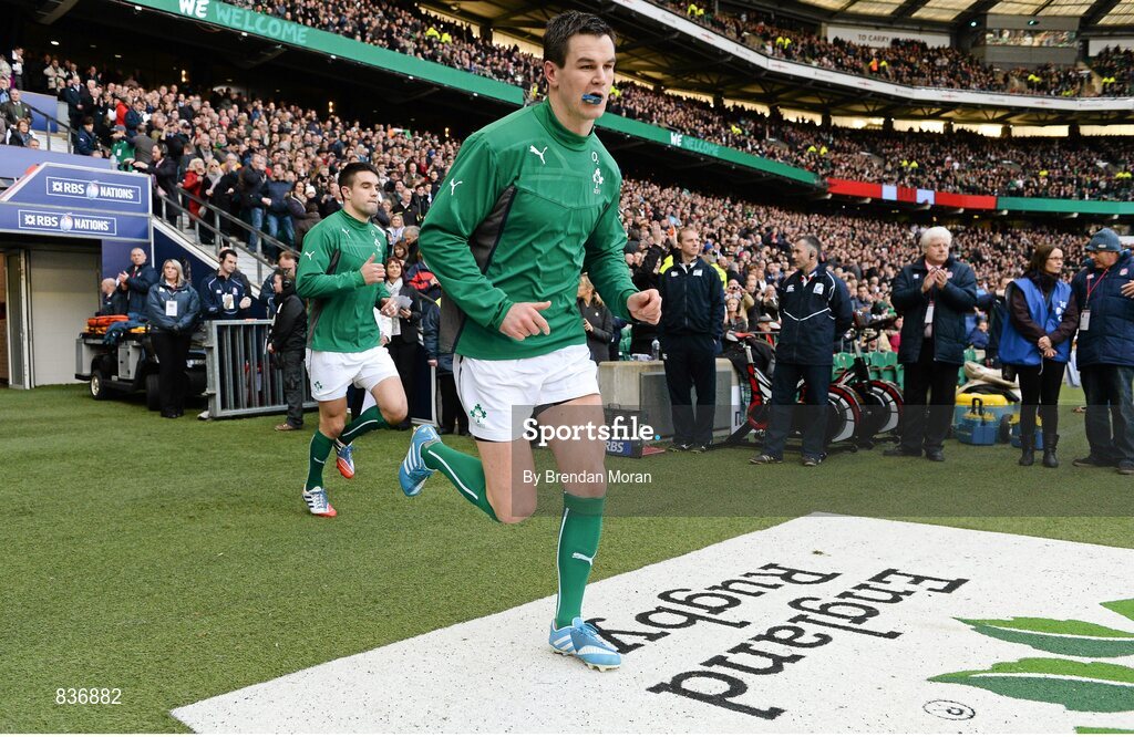 22 February 2014; Ireland's Jonathan Sexton runs onto the pitch before the game. RBS Six Nations Rugby Championship, England v Ireland. Twickenham Stadium, Twickenham, London, England. Picture credit: Brendan Moran / SPORTSFILE