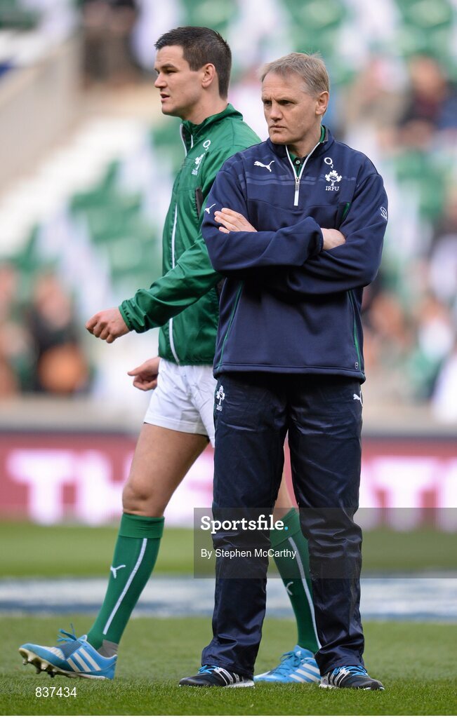 22 February 2014; Ireland head coach Joe Schmidt and Jonathan Sexton, left. RBS Six Nations Rugby Championship, England v Ireland, Twickenham Stadium, Twickenham, London, England. Picture credit: Stephen McCarthy / SPORTSFILE