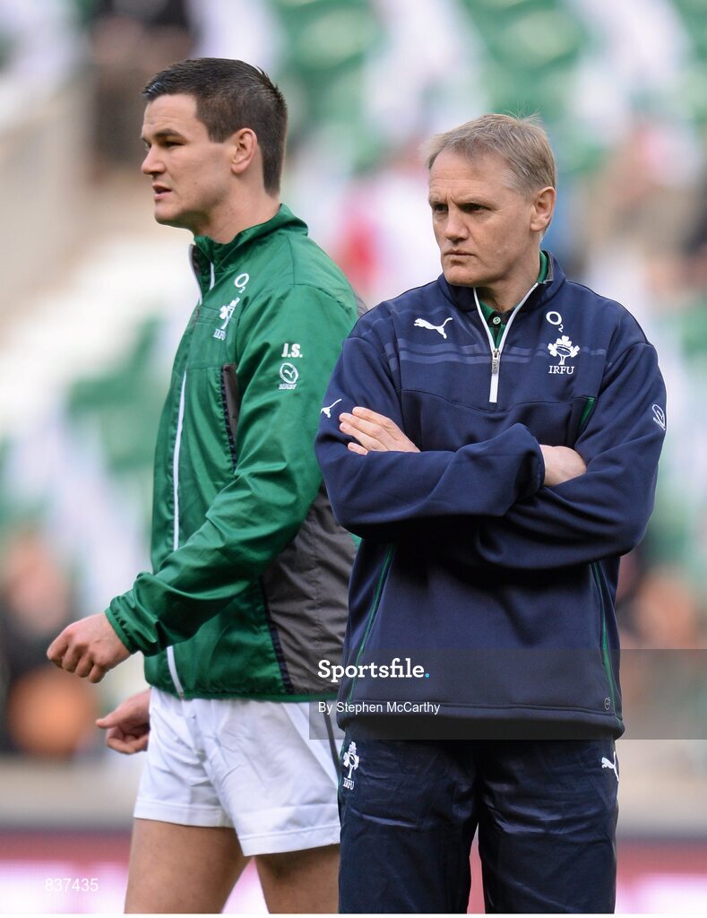 22 February 2014; Ireland head coach Joe Schmidt and Jonathan Sexton, left. RBS Six Nations Rugby Championship, England v Ireland, Twickenham Stadium, Twickenham, London, England. Picture credit: Stephen McCarthy / SPORTSFILE
