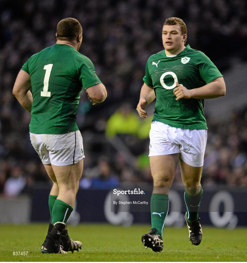 22 February 2014; Ireland's Jack McGrath, right, comes on to replace Cian Healy during a second half substitution. RBS Six Nations Rugby Championship, England v Ireland, Twickenham Stadium, Twickenham, London, England. Picture credit: Stephen McCarthy / SPORTSFILE