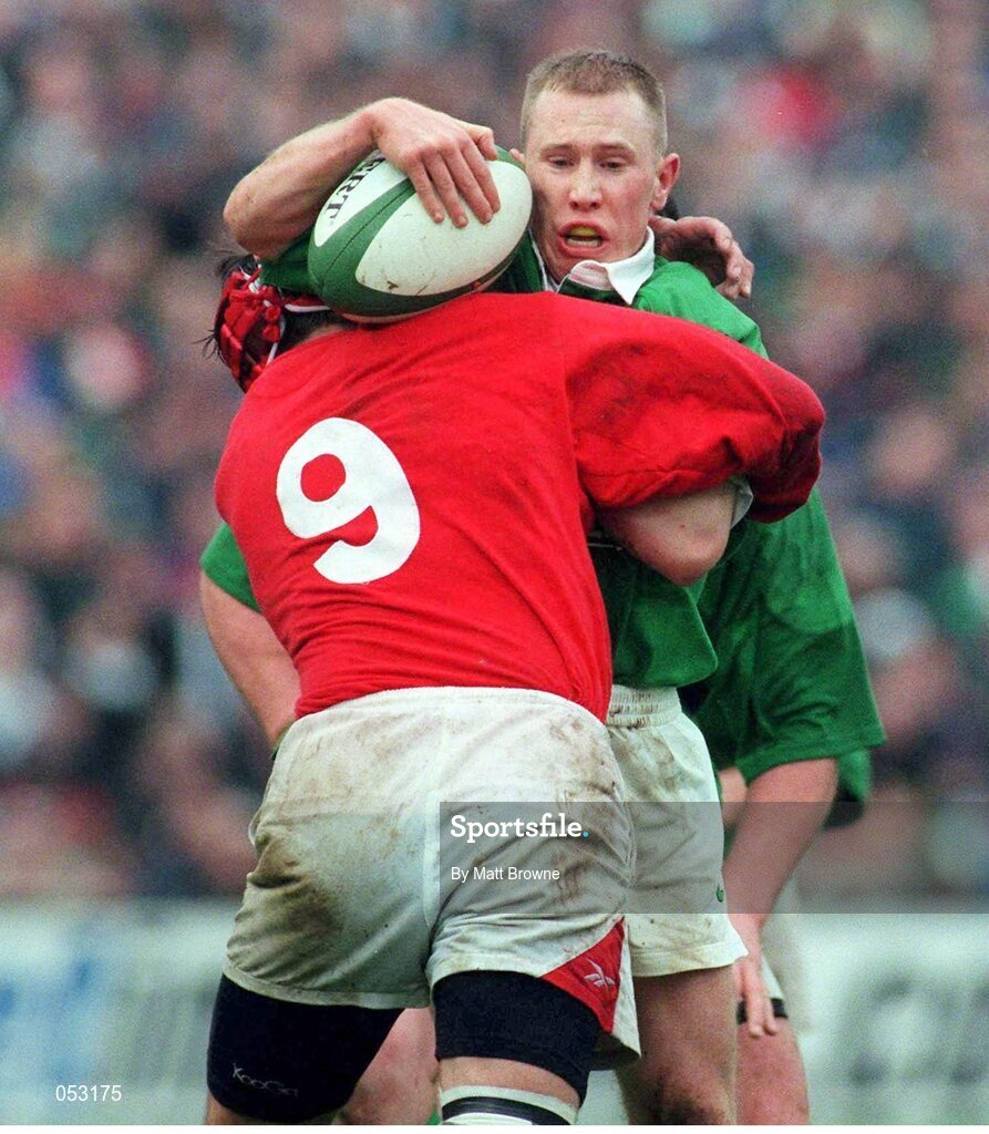 1 April 2000; Peter Stringer, Ireland, is tackled by Rupert Moon, Wales. Six Nations Rugby International, Ireland v Wales, Lansdowne Road, Dublin. Picture credit: Matt Browne / SPORTSFILE