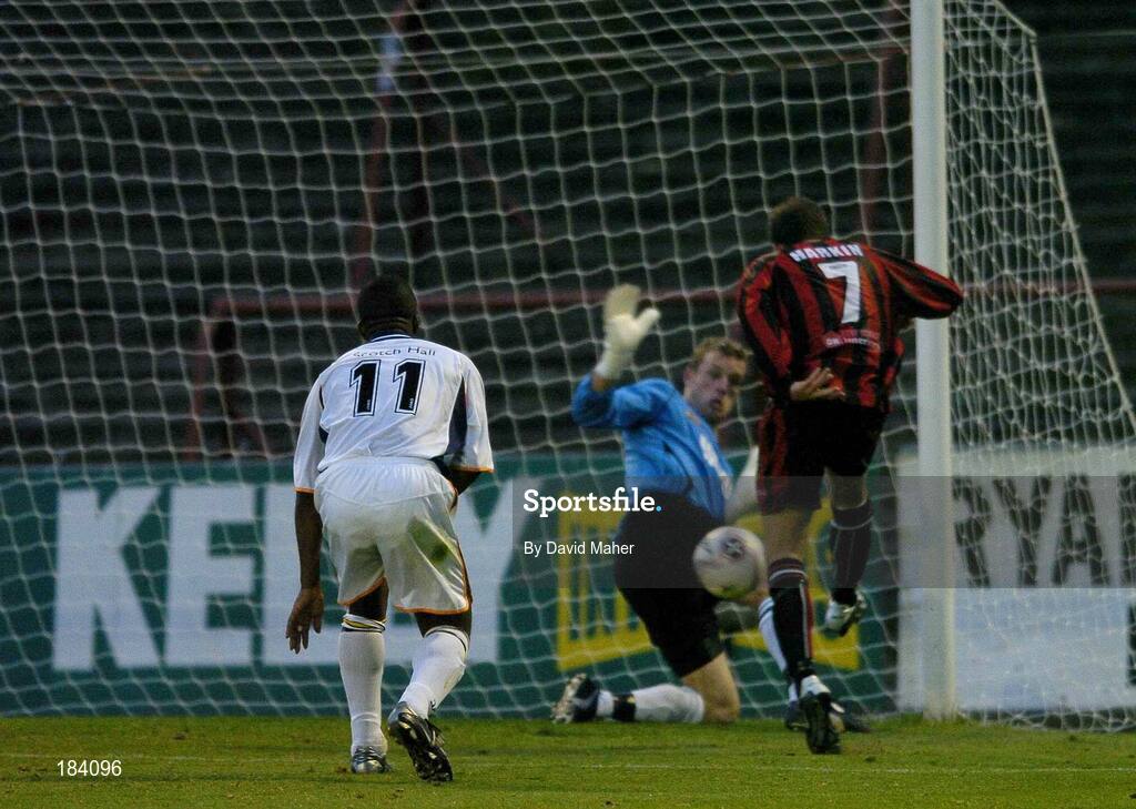 22 July 2005; Bohemians Fergal Harkin, right, beats Drogheda United goalkeeper Dan Connor to score his sides second goal. eircom League, Premier Division, Bohemians v Drogheda United, Dalymount Park, Dublin. Picture credit; David Maher / SPORTSFILE