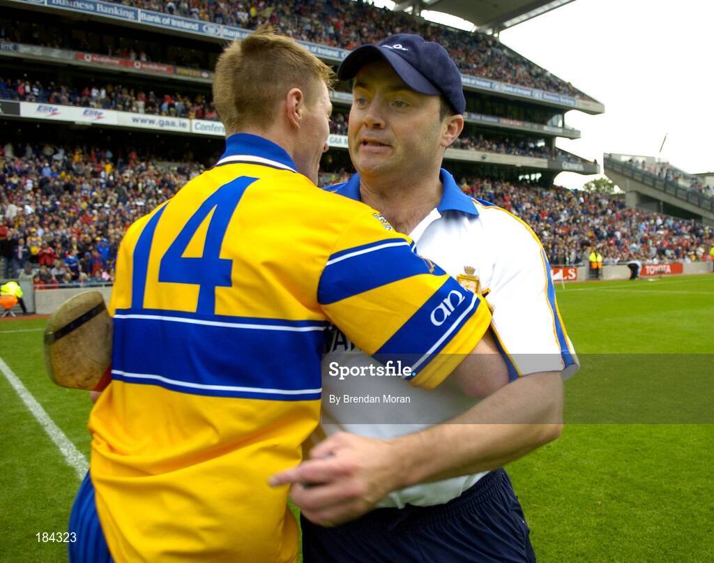 24 July 2005; Clare manager Anthony Daly celebrates with Niall Gilligan after the final whistle. Guinness All-Ireland Senior Hurling Championship Quarter-Final, Wexford v Clare, Croke Park, Dublin. Picture credit; Brendan Moran / SPORTSFILE