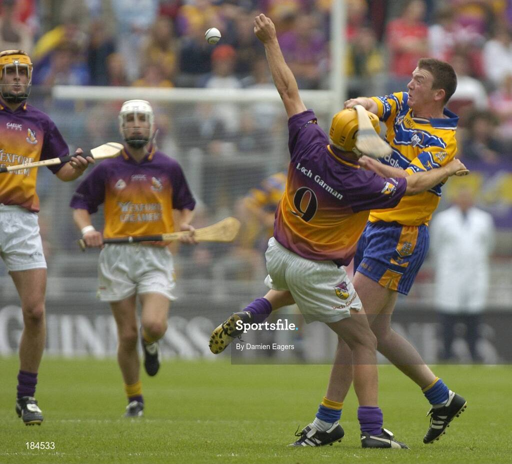 24 July 2005; Diarmuid McMahon, Clare, is tackled by Rory McCarthy, Wexford. Guinness All-Ireland Senior Hurling Championship Quarter-Final, Wexford v Clare, Croke Park, Dublin. Picture credit; Damien Eagers / SPORTSFILE