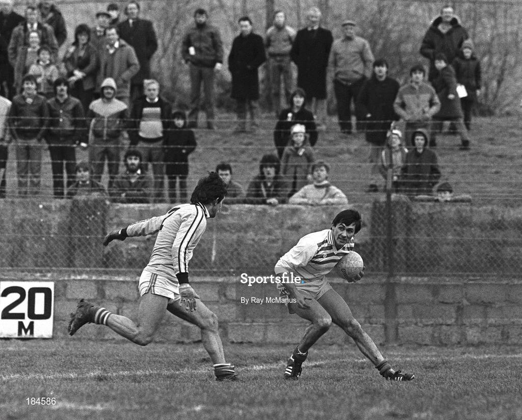 17 February 1985; Jim Reilly of Cavan in action against Sean O'Shea, of Longford during the National Football League Division 3 Play-off match between Cavan and Longford at Breffni Park, Cavan. Photo by Ray McManus/Sportsfile