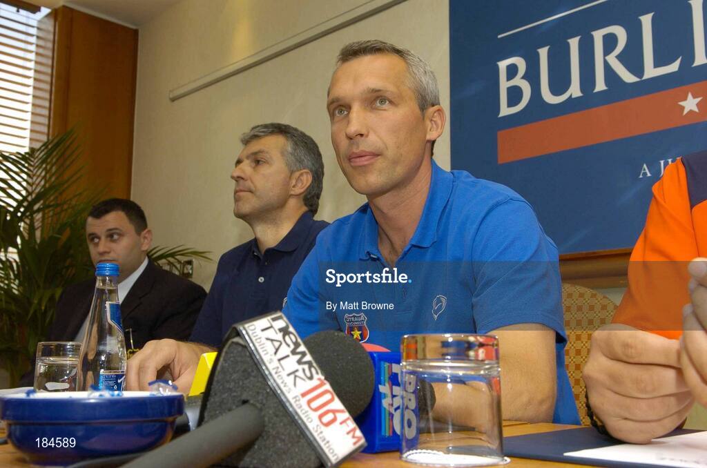 26 July 2005; Steuea Bucharest manager, Oleg Protasov, speaking at the Press Conference ahead of his sides UEFA Champions League game against Shelbourne, Burlington Hotel, Dublin. Picture credit; Matt Browne / SPORTSFILE