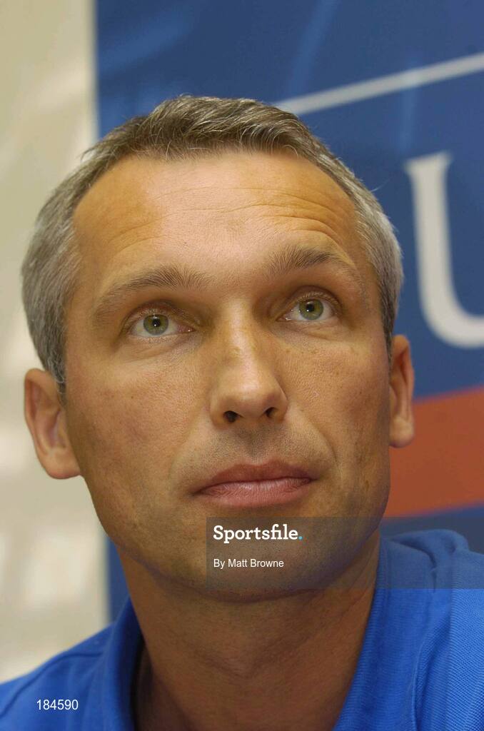 26 July 2005; Steuea Bucharest manager, Oleg Protasov, speaking at the Press Conference ahead of his sides UEFA Champions League game against Shelbourne, Burlington Hotel, Dublin. Picture credit; Matt Browne / SPORTSFILE