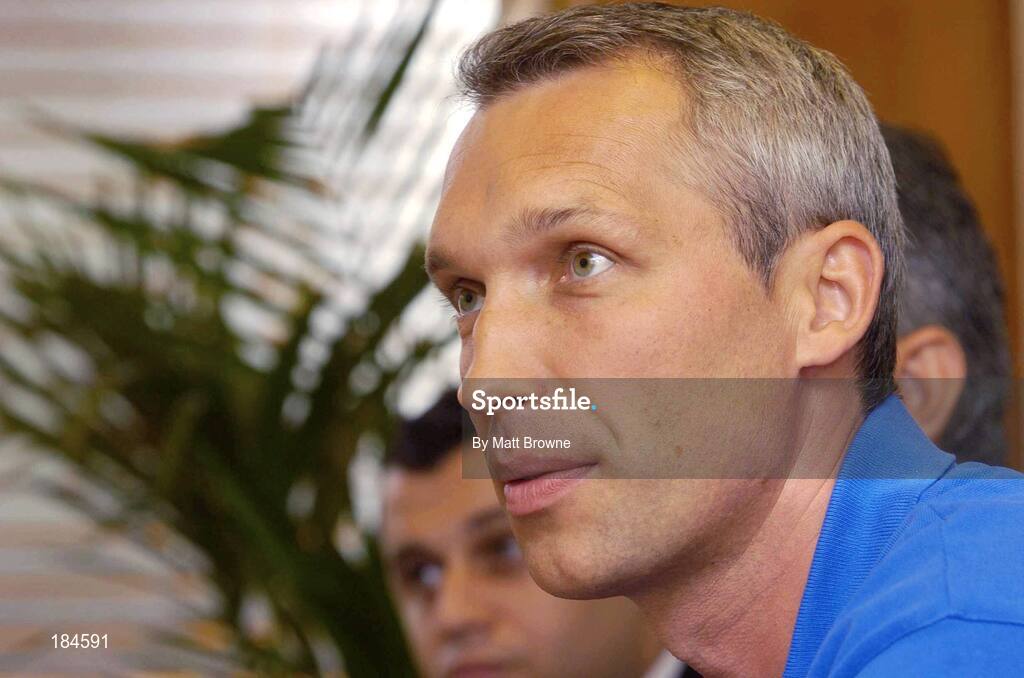 26 July 2005; Steuea Bucharest manager, Oleg Protasov, speaking at the Press Conference ahead of his sides UEFA Champions League game against Shelbourne, Burlington Hotel, Dublin. Picture credit; Matt Browne / SPORTSFILE