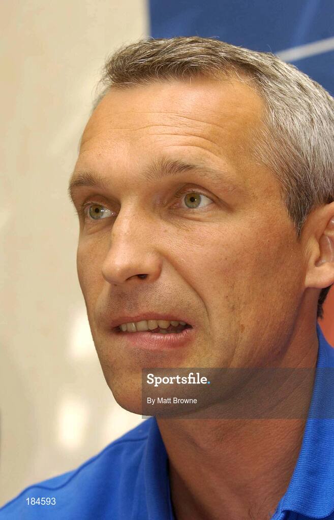 26 July 2005; Steuea Bucharest manager, Oleg Protasov, speaking at the Press Conference ahead of his sides UEFA Champions League game against Shelbourne, Burlington Hotel, Dublin. Picture credit; Matt Browne / SPORTSFILE
