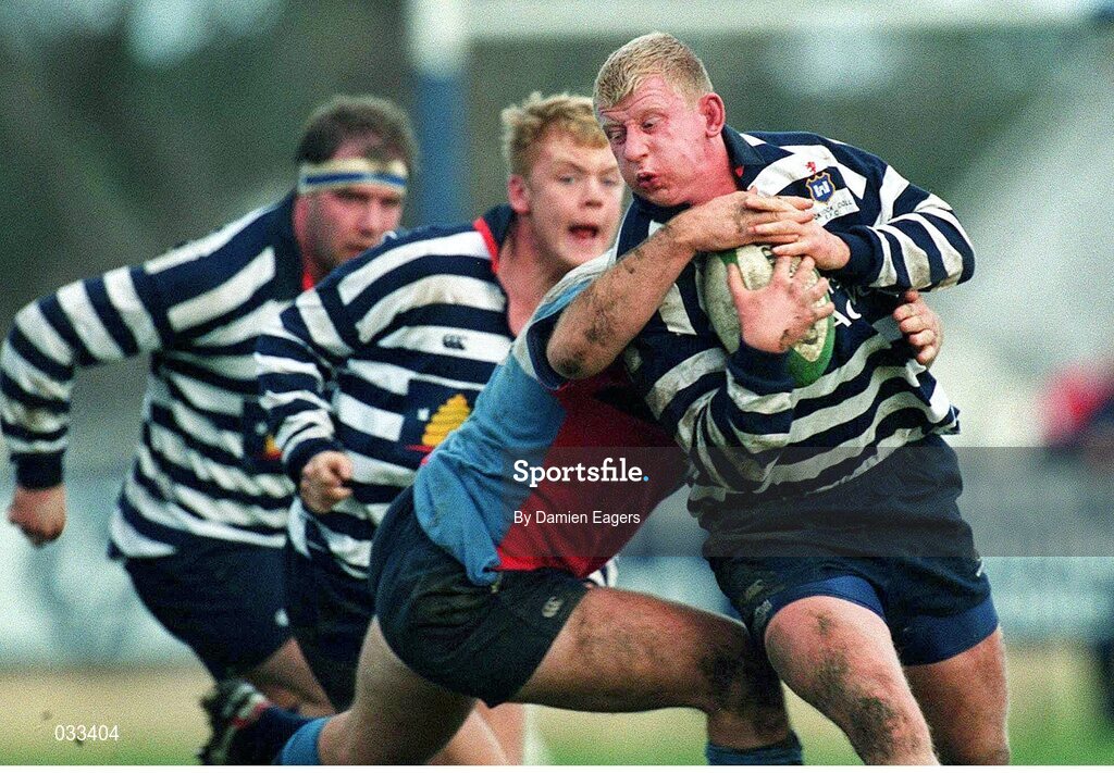 22 January 2000; Leo Cullen, Blackrock, is tackled by Andy Matchett, Belfast Harlequinns. AIB League Rugby, Division 2, Blackrock College v Belfast Harlequinns, Stradbrook, Dublin. Picture credit: Damien Eagers / SPORTSFILE