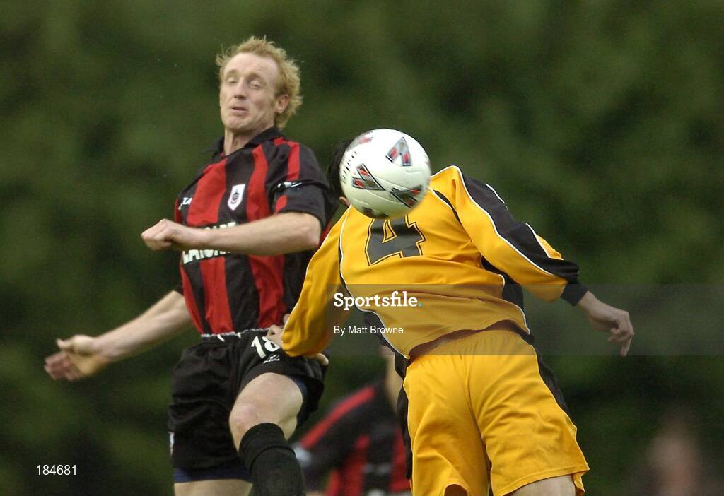 28 July 2005; Paul Keegan, Longford Town, in action against Martyn Giles, Carmarthen Town. UEFA Cup, First Qualifying Round, 2nd Leg, Carmarthen Town v Longford Town, Latham Park, Newtown, Wales. Picture credit; Matt Browne / SPORTSFILE