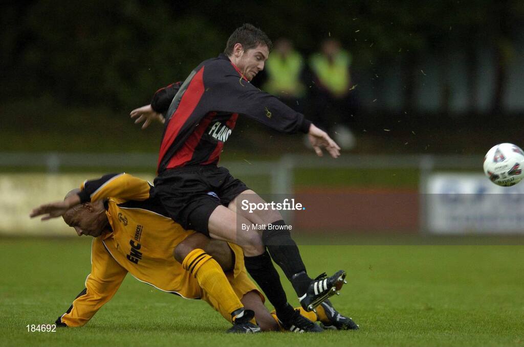 28 July 2005; Barry Ferguson, Longford Town, in action against Mark Dodds, Carmarthen Town. UEFA Cup, First Qualifying Round, 2nd Leg, Carmarthen Town v Longford Town, Latham Park, Newtown, Wales. Picture credit; Matt Browne / SPORTSFILE