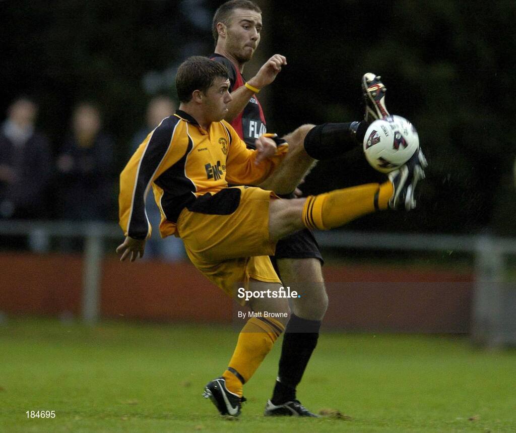 28 July 2005; Sean Dillon, Longford Town, in action against Daniel Thomas, Carmarthen Town. UEFA Cup, First Qualifying Round, 2nd Leg, Carmarthen Town v Longford Town, Latham Park, Newtown, Wales. Picture credit; Matt Browne / SPORTSFILE