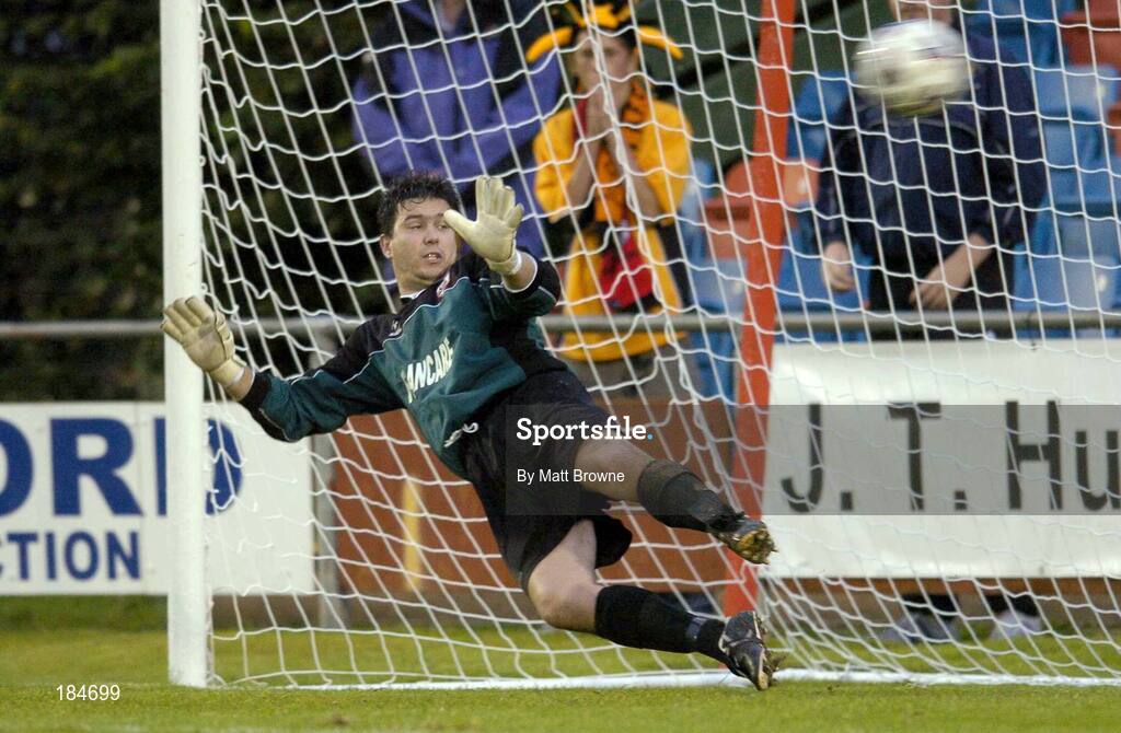28 July 2005; Stephen O'Brien, Longford Town goalkeeper, watches the ball enter the net for Carmarthen Town third goal from a penalty kick. UEFA Cup, First Qualifying Round, 2nd Leg, Carmarthen Town v Longford Town, Latham Park, Newtown, Wales. Picture credit; Matt Browne / SPORTSFILE