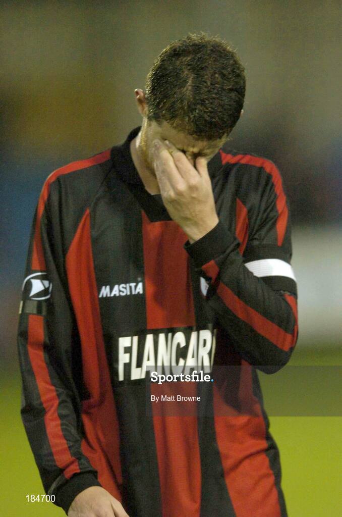 28 July 2005; A dejected Barry Ferguson, Longford Town captain, after the final whistle against Carmarthen Town. UEFA Cup, First Qualifying Round, 2nd Leg, Carmarthen Town v Longford Town, Latham Park, Newtown, Wales. Picture credit; Matt Browne / SPORTSFILE
