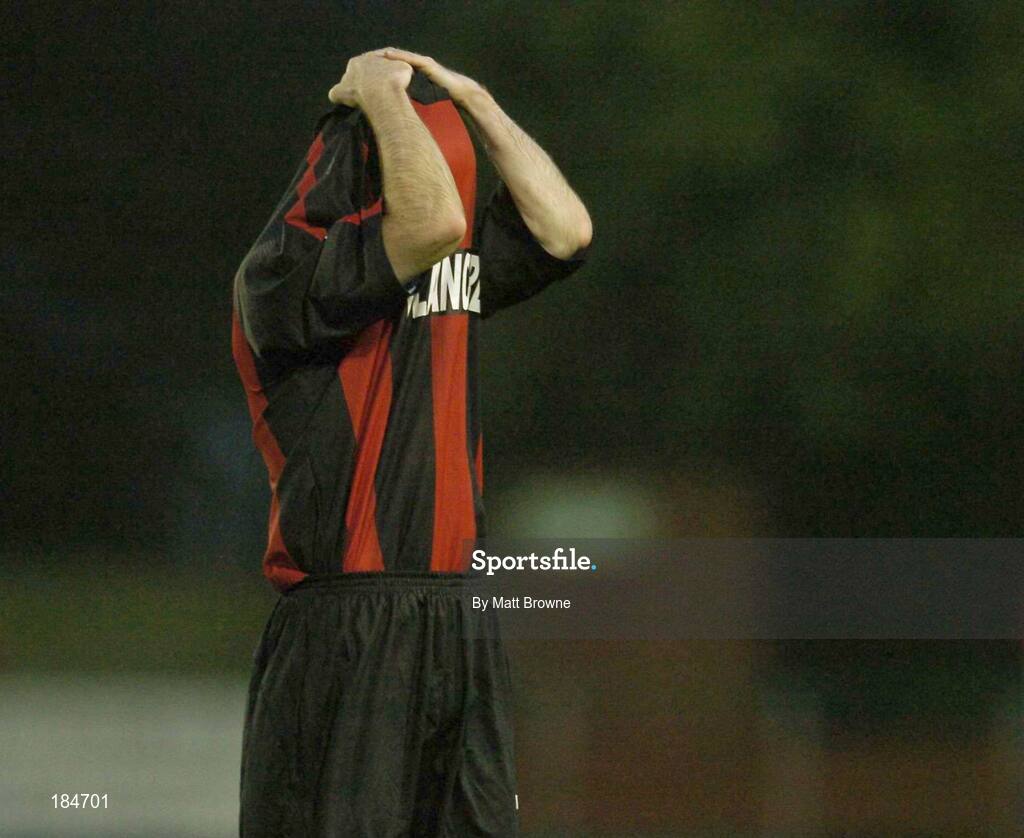 28 July 2005; A dejected Alan Kirby, Longford Town, after the final whistle against Carmarthen Town. UEFA Cup, First Qualifying Round, 2nd Leg, Carmarthen Town v Longford Town, Latham Park, Newtown, Wales. Picture credit; Matt Browne / SPORTSFILE
