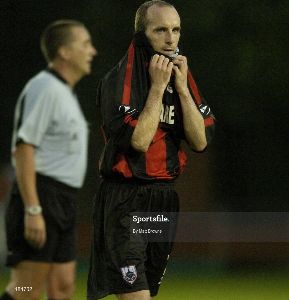 28 July 2005;  A dejected Alan Kirby, Longford Town, after the final whistle against Carmarthen Town. UEFA Cup, First Qualifying Round, 2nd Leg, Carmarthen Town v Longford Town, Latham Park, Newtown, Wales. Picture credit; Matt Browne / SPORTSFILE