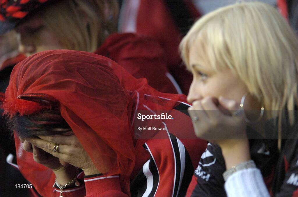 28 July 2005; Longford Town fans Fiona Belton, left, and Melissa Belton after the final whistle. UEFA Cup, First Qualifying Round, 2nd Leg, Carmarthen Town v Longford Town, Latham Park, Newtown, Wales. Picture credit; Matt Browne / SPORTSFILE