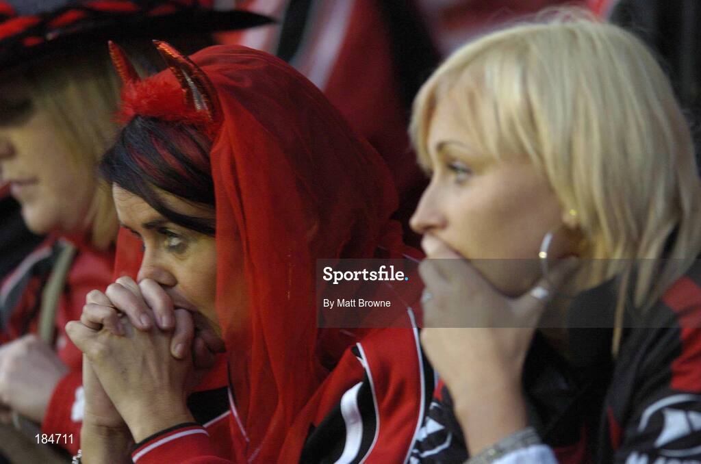 28 July 2005; Longford Town fans Fiona Belton, left and Melissa Belton after the final whistle. UEFA Cup, First Qualifying Round, 2nd Leg, Carmarthen Town v Longford Town, Latham Park, Newtown, Wales. Picture credit; Matt Browne / SPORTSFILE