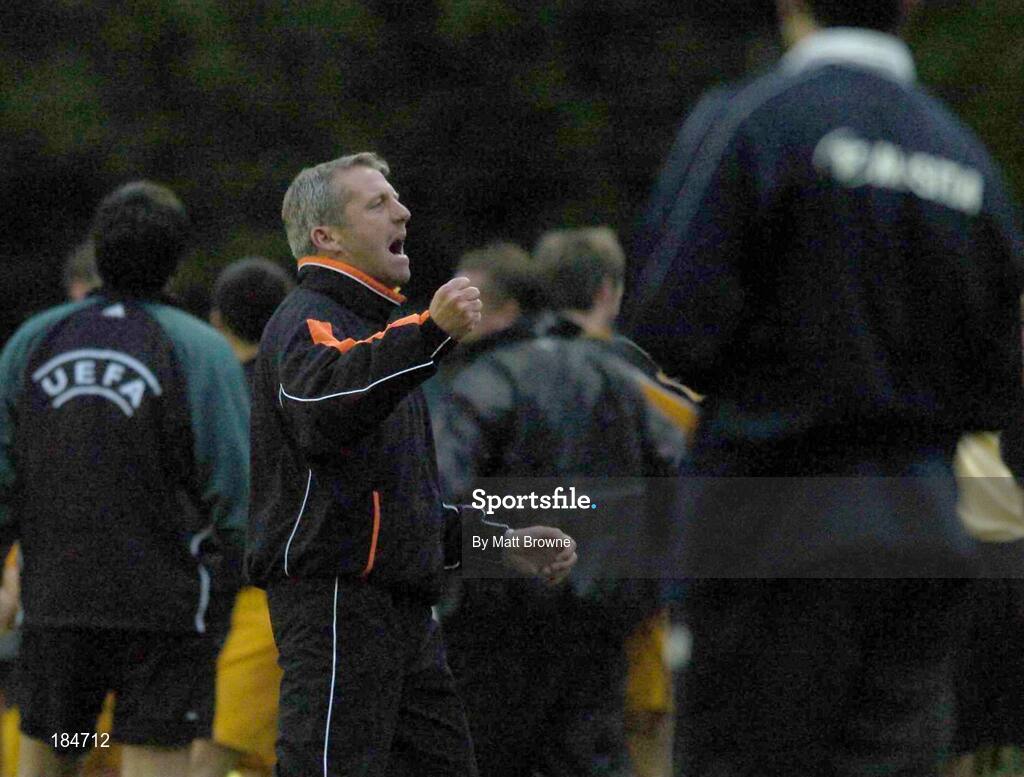 28 July 2005; Carmarthen Town manager Mark Jones celebrates his teams fifth goal against Longford Town. UEFA Cup, First Qualifying Round, 2nd Leg, Carmarthen Town v Longford Town, Latham Park, Newtown, Wales. Picture credit; Matt Browne / SPORTSFILE