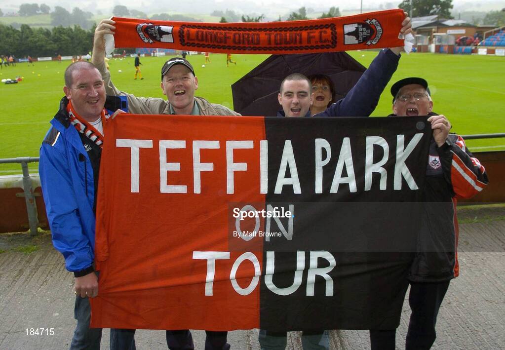 28 July 2005; Longford supporters, l to r, Noel Bergan, Sean Dempsey, Trevor Fitzpatrick and Jimmy Monaghan,  from Teffia Park, Longford Town,  pictured before the start of the game against Carmarthen Town. UEFA Cup, First Qualifying Round, 2nd Leg, Carmarthen Town v Longford Town, Latham Park, Newtown, Wales. Picture credit; Matt Browne / SPORTSFILE