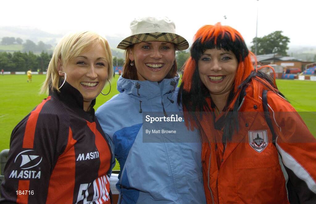 28 July 2005; Melissa Belton, left, Deirdre Managhan and Ann Fitzpatrick, right, from Longford Town, pictured before the start of the game against Carmarthen Town. UEFA Cup, First Qualifying Round, 2nd Leg, Carmarthen Town v Longford Town, Latham Park, Newtown, Wales. Picture credit; Matt Browne / SPORTSFILE