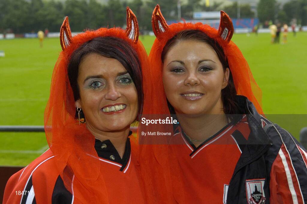 28 July 2005; Supporters Fiona Belton, left, and Triona Kenny, from Longford Town, pictured before the start of the game against Carmarthen Town. UEFA Cup, First Qualifying Round, 2nd Leg, Carmarthen Town v Longford Town, Latham Park, Newtown, Wales. Picture credit; Matt Browne / SPORTSFILE