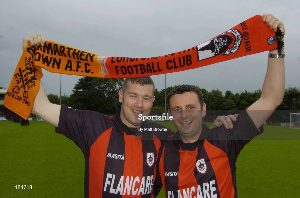 28 July 2005; Longford supporters Hugh O'Kane, left, and John Masterson, from Longford Town, pictured before the start of the game against Carmarthen Town. UEFA Cup, First Qualifying Round, 2nd Leg, Carmarthen Town v Longford Town, Latham Park, Newtown, Wales. Picture credit; Matt Browne / SPORTSFILE