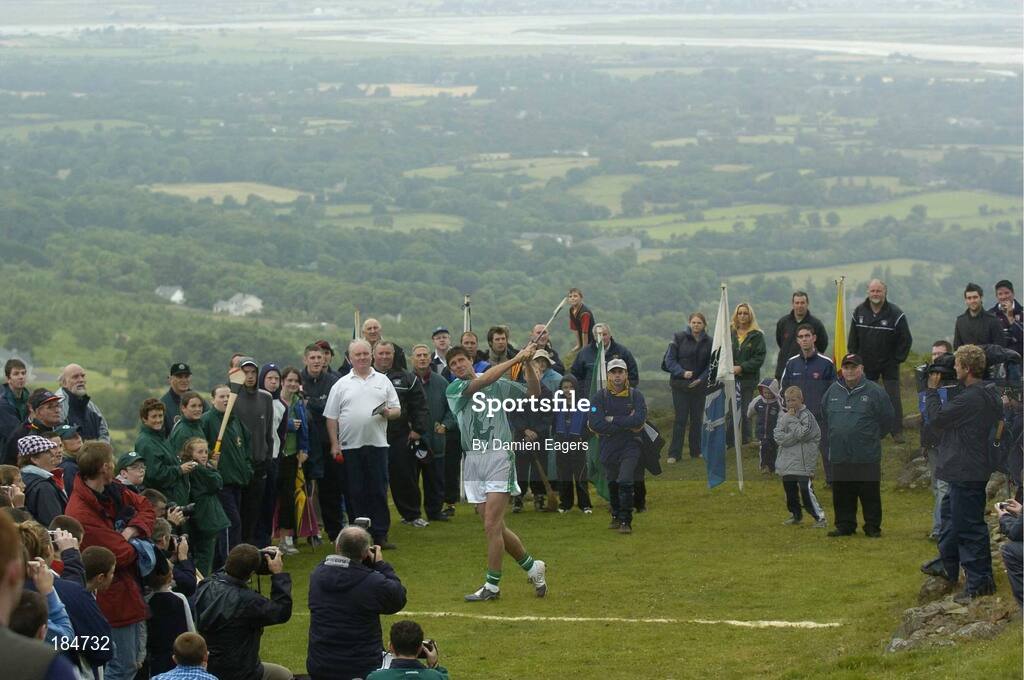 30 July 2005; Niall Quinn representing Dublin watches his first puc during the M. Donnelly Poc Fada na hEireann Final. Annaverna Mountain Ravensdale, Cooley Mountains, Co. Louth. Picture credit; Damien Eagers / SPORTSFILE