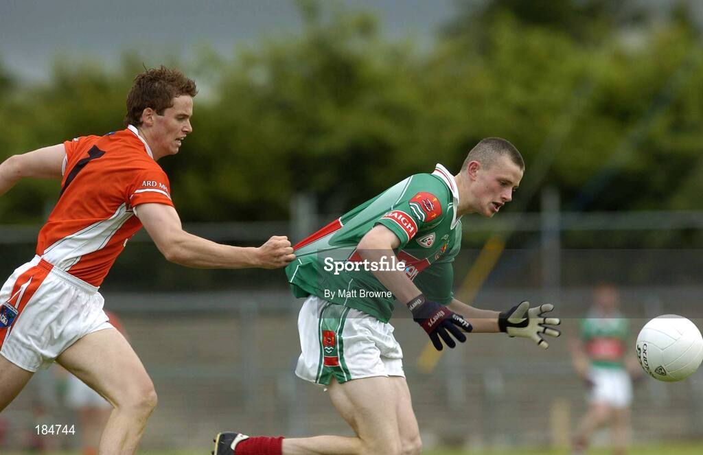 30 July 2005; Pierce Hanley, Mayo, is tackled by Paul Kernan, Armagh. All-Ireland Minor Football Quarter-Final, Mayo v Armagh, Dr. Hyde Park, Roscommon. Picture credit; Matt Browne / SPORTSFILE