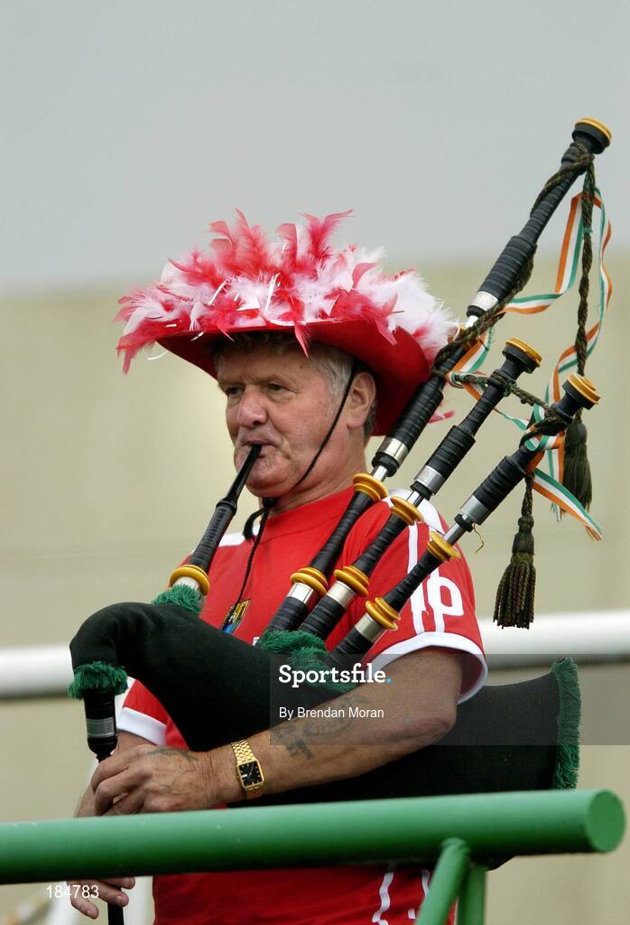 30 July 2005; Pa Hurley, from Mayfield, Cork, plays his bagpipes before the game. Bank of Ireland Football Championship qualifiers, Round 4. Cork v Sligo, O'Moore Park, Portlaoise, Co. Laois. Picture credit; Brendan Moran / SPORTSFILE