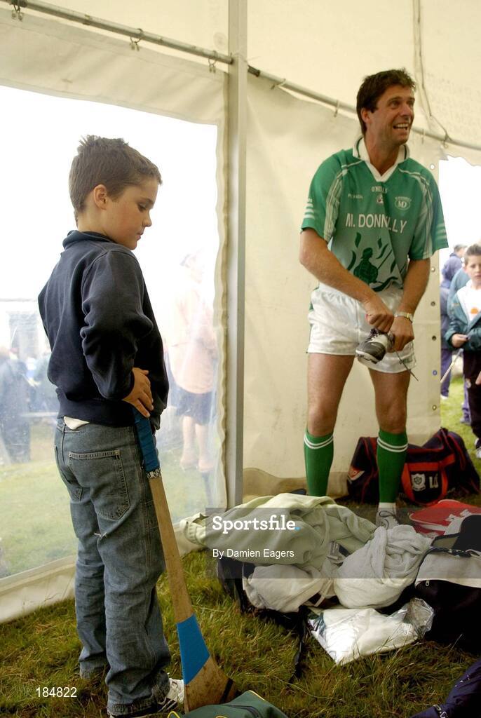 30 July 2005; Niall Quinn representing Dublin with his son Michael before the M Donnelly Poc Fada na hEireann Final. Annaverna Mountain Ravensdale, Cooley Mountains, Co. Louth. Picture credit; Damien Eagers / SPORTSFILE