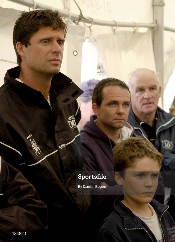 30 July 2005; Niall Quinn representing Dublin and David Fitzgerald representing Clare with Niall's son Michael as they listen to instructions before the M Donnelly Poc Fada na hEireann Final. Annaverna Mountain Ravensdale, Cooley Mountains, Co. Louth. Picture credit; Damien Eagers / SPORTSFILE