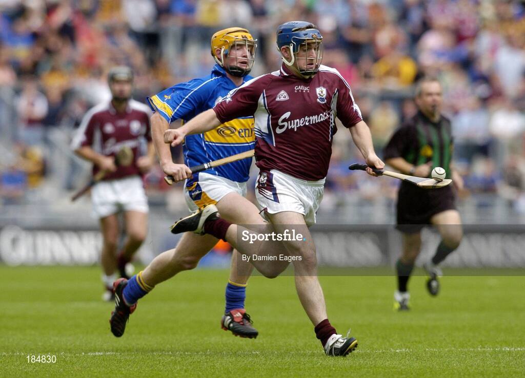 31 July 2005; David Forde, Galway is tackled by Eamonn Corcoran, Tipperary. Guinness All-Ireland Hurling Championship, Quarter-Final, Galway v Tipperary, Croke Park, Dublin. Picture credit; Damien Eagers / SPORTSFILE