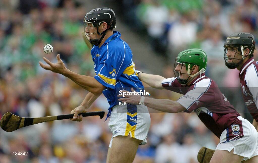 31 July 2005; Micheal Webster, Tipperary, is tackled by Ollie Canning, Galway, which led to a penalty for Tipperary. Guinness All Ireland Hurling Championship, Quarter Final, Galway v Tipperary, Croke Park, Dublin. Picture credit; Brendan Moran / SPORTSFILE
